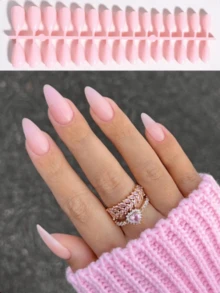 150 pièces de faux ongles longs en forme d'amande, design de manucure française minimaliste, parfaitement adaptés à la forme d'ongle en amande longue, faux ongles en acrylique, ongles en amande française, convient pour le travail quotidien et les fêtes de vacances des femmes - Rose bonbon - Voir 1