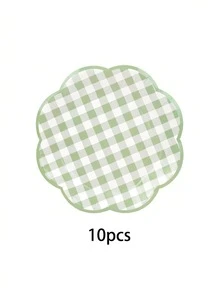 10件/20件/50件装鼠尾草绿格子派对用品，鼠尾草绿和白色扇形纸盘，花形7英寸蛋糕盘，9英寸餐盘，格子图案晚宴套装，适用于烧烤、婚礼、新娘送礼会餐桌装饰 - 綠色 - 查看 6