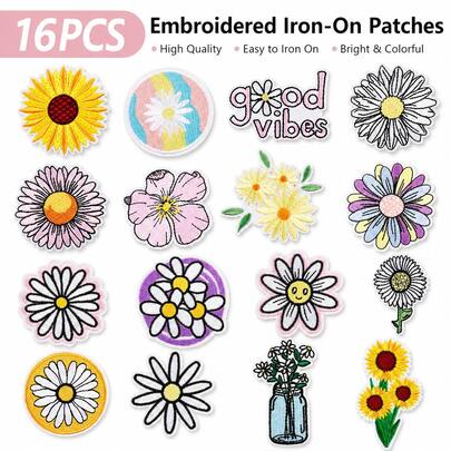 1/16 pièces Ensemble de patchs à broder de marguerites et de tournesols à thermocoller, appliques décoratives florales à bonnes vibrations pour vêtements, jeans, vestes, sacs, chapeaux, artisanat et réparation DIY