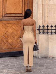 Vestido de fiesta ajustado tipo bandeau con pedrería de colores - Albaricoque - Ver 3
