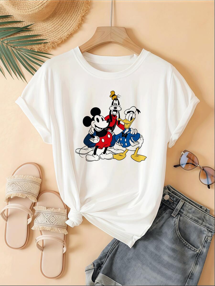 Disney This Pure White T-Shirt Features A Wide-Shoulder Design, A Crew Neck, And Short Sleeves, Making It Perfect For Everyday Wear, Especially During The Warm Spring And Summer Seasons. The Short-Sleeved Top Is Adorned With A Stitch/Lilo & Stitch Cartoon Graphic. It's Not Only An Ideal Choice For Everyday Wear But Also A Wonderful Gift For Family, Friends, And Children. - Multicolor - View 1