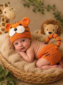 2 Stück Neugeborenen Fotografie Outfit, süßes gestricktes Tiger Themen Kostüm, Baby Jungen/Mädchen Geburts Fotografie Requisite, Gender Reveal Geschenk - Verschiedenfarbig - Übersicht 1