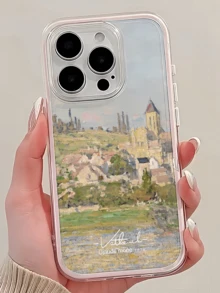1pc Pink Painting Countryside Town Minimalist Personalized TPU Shockproof Full Coverage Phone Case Compatible With Apple 17, 16, 15, 14, 13, 12, 11 Pro Max, Air, Series - Multicolor - View 3