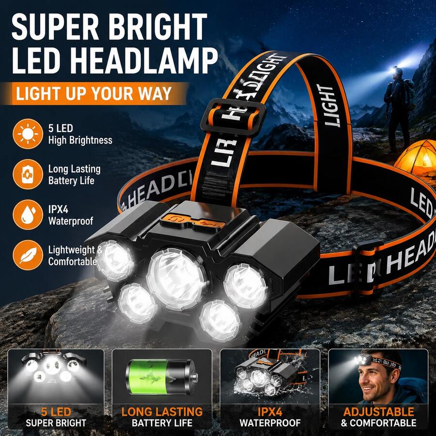 1-Pack Multifunctional 5-LED Headlamp, Head-Mounted Flashlight, Outdoor USB-Rechargeable Fishing Headlamp, Powerful Bald Head Light, 4-Mode Headlamp Flashlight For Outdoor Running, Hunting, Hiking, And Camping - 1包 - 查看 1