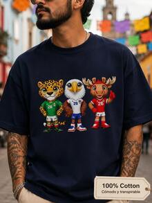 Camiseta de la mascota de la Copa Mundial 2026 de EE. UU.-Canadá-México con estampado de jaguar de dibujos animados / águila de cabeza blanca / alce, de algodón puro, manga corta, talla grande. - Negro - Ver 2