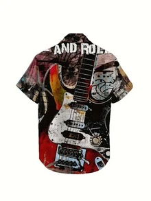 3D Printed Electric Guitar Art Shirt A Retro Rock And Roll Aesthetic This Short Sleeve Button Down Captures The Raw Energy Of Music With A Detailed And Abstract Depiction Of A Classic Guitar Featuring Grungy Textures Bold Colors And Dynamic Lines Making It A Perfect Gift For Any Music Enthusiast Or Art Lover A Vibrant Statement Piece For Casual Wear - White - View 2