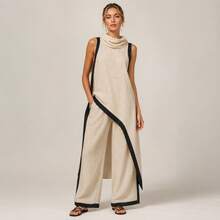 2026 Women's Contrast Trim Linen Two Piece Set Sleeveless Hooded Top Wide Leg Pants Resort Outfit - 淺米色 - 查看 5