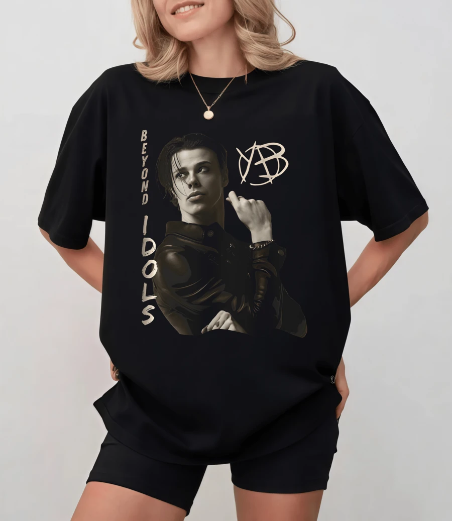 Black T-Shirt With Stylized Portrait And "Beyond Idols" Text, Unisex Relaxed Fit - 黑色 - 查看 1