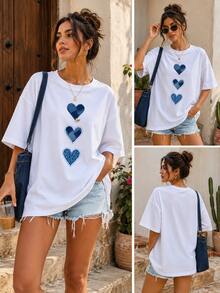 Camiseta informal de mujer de manga corta y cuello redondo de poliéster con estampado de corazón vaquero. Largo regular. - Blanco - Ver 4