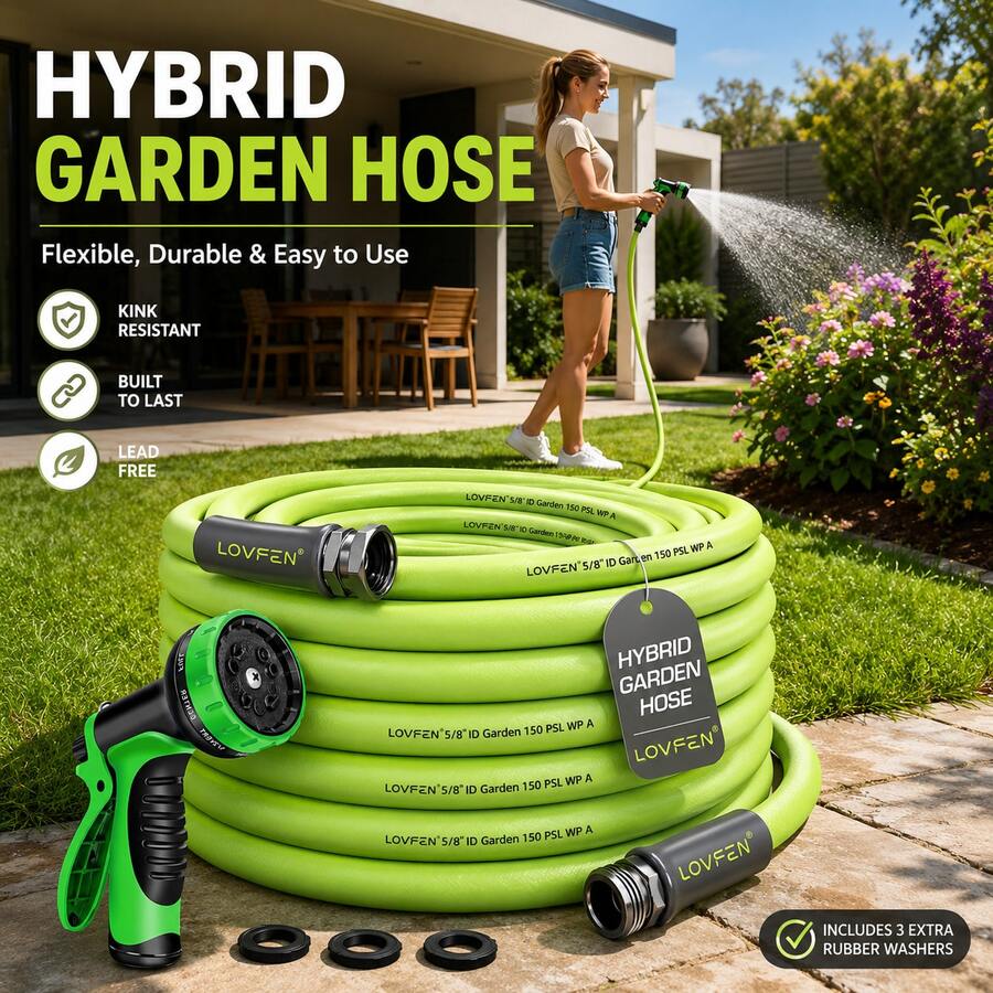 LOVFEN 25/50/75/100/150ft Garden Hose Kit, 10-Function Nozzle Sprayer, No-Kink & Leak-Proof Rubber Hose, Drinking Water Compatible, Multi-Purpose For Watering, Car Washing & Pet Bathing, Essential Gardening Tool - Phiên bản nâng cấp - Xem 1