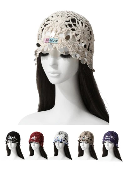 1pc Women's Handmade Crochet Sequin Boho Style Headband, Lightweight Breathable Hollow Knit Cap For Spring/Summer, Fashionable & Versatile