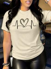 Women's Casual Short Sleeve Leopard Print T-Shirt With Heart, Graphic Tees For Women - 摩卡棕 - 查看 10