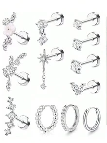 Bộ 16 chiếc khuyên tai sụn 16G, trang sức xỏ lỗ tai Tragus, khuyên tai vành tai, khuyên tai đinh tán, khuyên tai vành tai, khuyên tai có chốt vặn, khuyên tai đá Cubic Zirconia, khuyên tai nhỏ dành cho nữ - bạc 12 cái - Xem 6