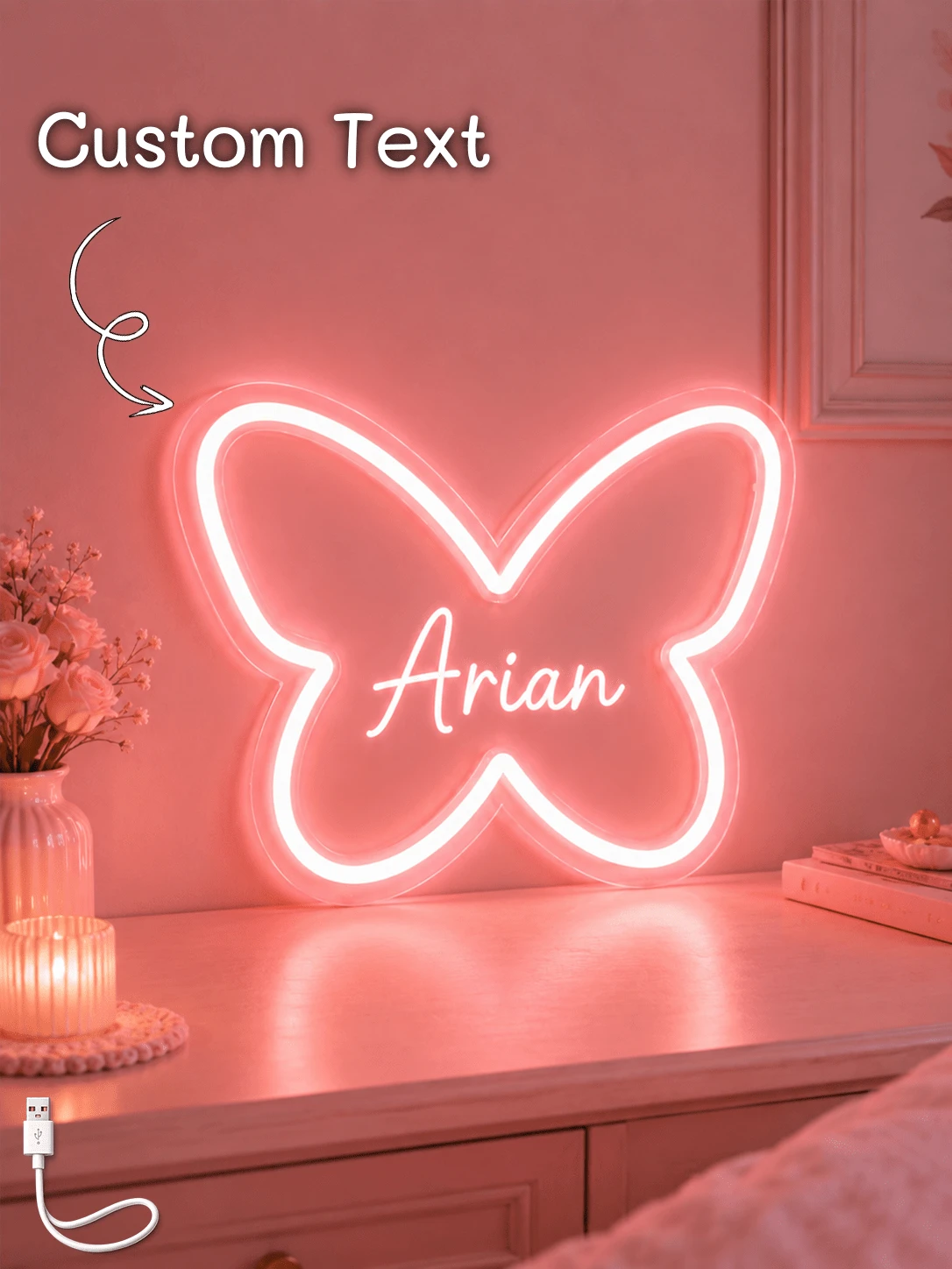 1pc Customized Butterfly LED Neon Sign, Personalized Name USB Wall Light, Girl Bedroom Decor, Aesthetic Room Gift, Party Neon Light - Multicolor - View 1