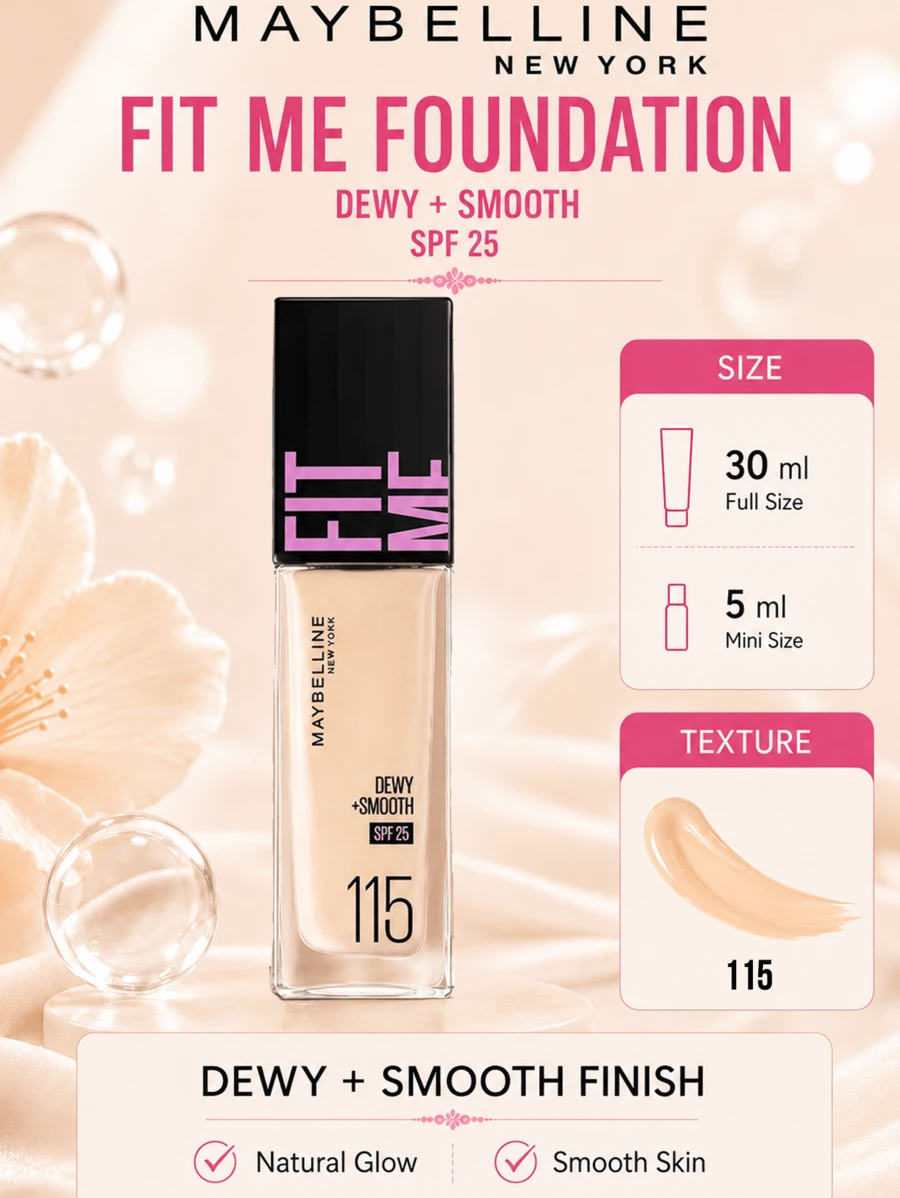 Maybelline 菲力特潤粉底液,水潤柔滑,SPF 25,色號 #115,粉嫩自然色,5/30毫升可選,24小時長效保濕,10秒快速上妝,三效合一,打造無妝感,長效滋養,三步輕鬆上皙,適合粉調2號白妝乾性肌膚,打造無妝底霜 - 美寶蓮FITME粉底液 水潤版115 - 查看 1