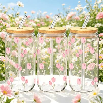 1/5 piezas Vaso de vidrio con impresión de tulipán rosa de 16 oz con tapa y pajita de bambú - Vaso transparente para café helado, botella de agua reutilizable, adecuado para uso diario, perfecto para bebidas frías, batidos y actividades al aire libre - Nueva y fresca opción para el hogar, la oficina y las salidas