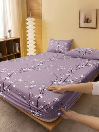 1pc Purple Plum Blossom Pattern Fitted Bedsheet, Elegant Mattress Protector, Suitable For Valentine's Day, Fits All Bed Sizes - Double, Full, Queen, King, 11.8 Inch Deep Pocket, Soft Breathable, Wrinkle-Resistant, Sleep-Promoting, Machine Washable, Ideal For Dorm Use