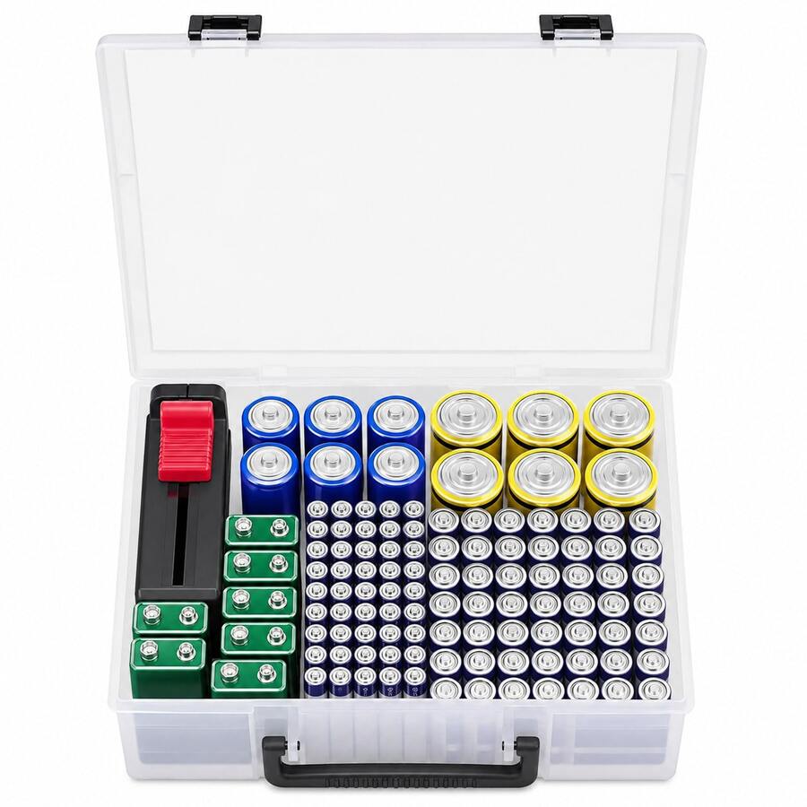 Hộp đựng pin dung lượng lớn, chứa hơn 95 viên pin, hộp đựng pin trong suốt cho pin AA AAA C D 9V Lithium CR2032 CR2025 CR2016 CR1632 LR44, giá đỡ pin cầm tay chống sốc chống bụi với các ngăn sắp xếp, hộp quản lý pin tiết kiệm không gian cho gia đình, gara, văn phòng, du lịch và lưu trữ khẩn cấp, hộp đựng pin bảo vệ bền (chỉ hộp) - Xem 1