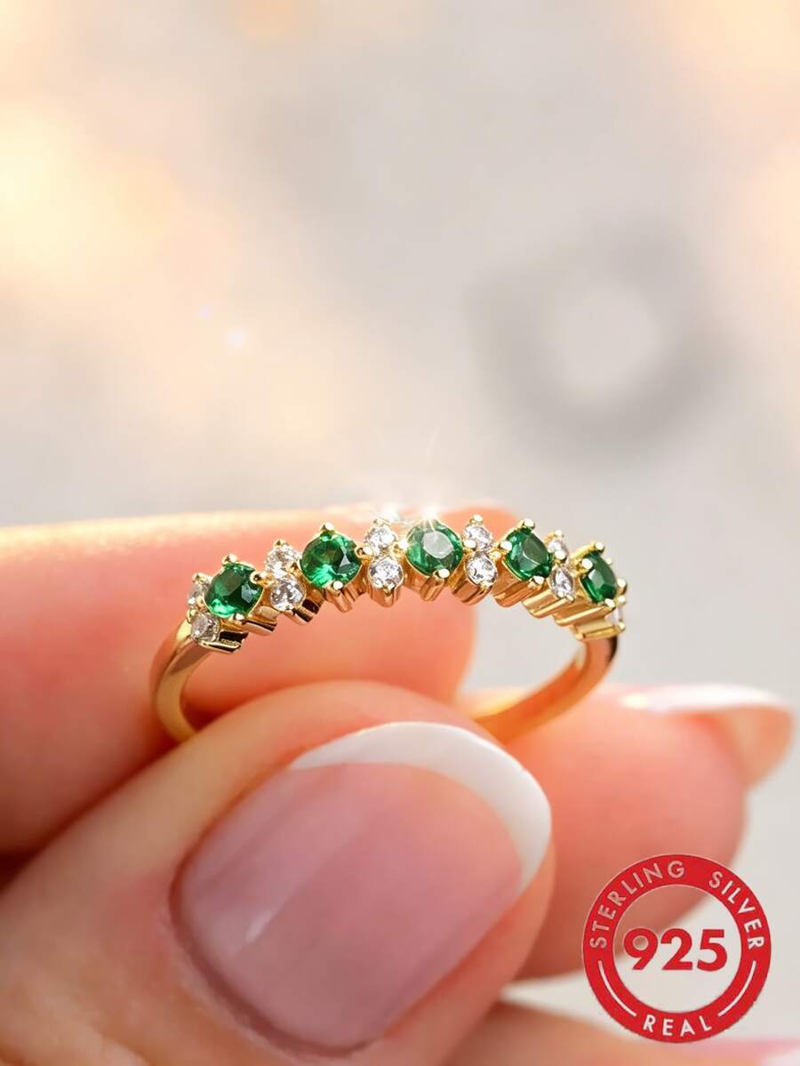 1 chiếc nhẫn nữ bạc Sterling S925 đính đá Zirconia tổng hợp thiết kế phối màu, trang sức chất lượng thanh lịch cho quý cô đeo hàng ngày - Vàng - Xem 1