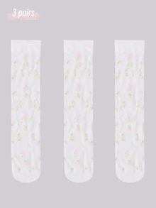 1/2/3 Pairs Women's Jacquard Mid-Calf Socks, Black & White Available, Transparent Thin Mesh Socks, Delicate Ditsy Flower Pattern, Breathable & High Elastic, Elegant Casual Daily Wear, Spring Summer - Multicolor - View 11