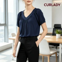 V Neck Short Sleeve Knit Top Batwing Sleeve Ruched Detail Relaxed Fit Casual Everyday - Pink - View 2