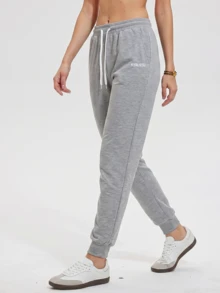 KyrLssu Pantalones deportivos con cintura de cordón y decoración de letras - Gris - Ver 1