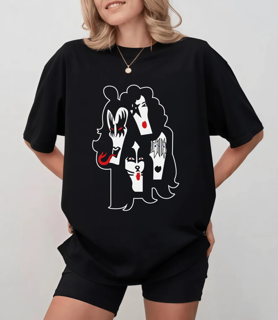 Black T-Shirt With Minimalist Design Of KISS Member Silhouettes, Unisex Relaxed Fit - Black - View 1