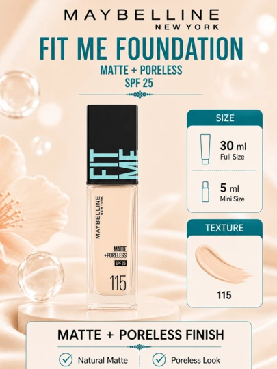 Maybelline Fit Me 哑光无瑕粉底液 SPF 17 #115 自然象牙色，5/30ml 可选，24 小时保湿，三合一（定妆、补妆、提亮），无痕哑光妆效，持久滋养，三步轻松上妆，适合白皙、浅色和油性肤色，打造持久无瑕底妆。