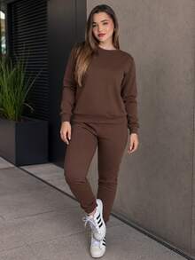 Women's Fleece Tracksuit Set: Long-Sleeved Sweatshirt And Comfortable Cotton Jogger Pants - 鏽棕色 - 查看 2