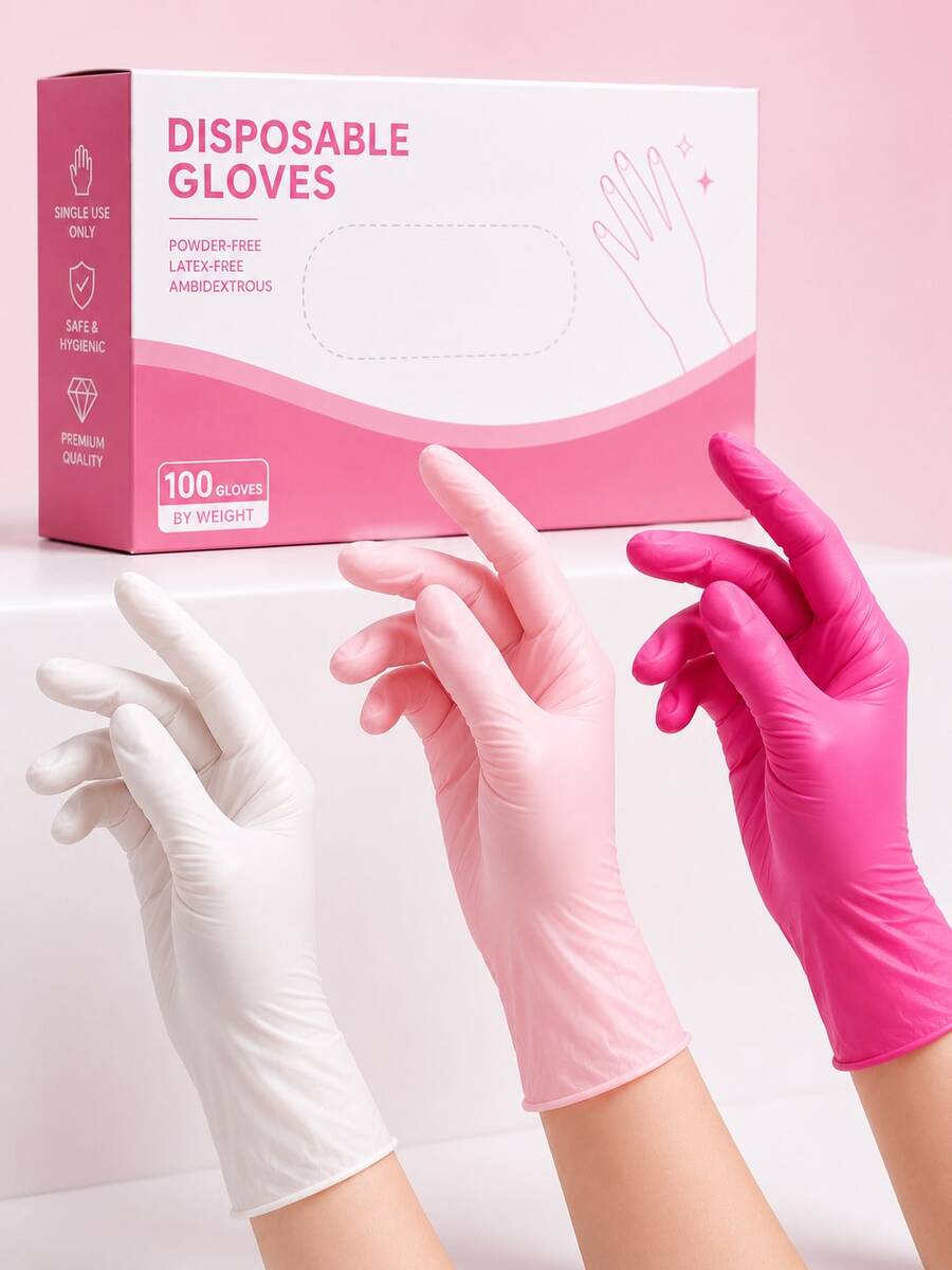 100pcs Disposable Gloves, Super Durable, Available In Five Colors: Pink/White/Rose Red, Suitable For Various Uses Such As Kitchen, Tattoo, Hair Dyeing, Pet Care, Beauty Salon And Home Cleaning. The Packaging Method Is Bagged.