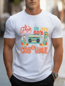 Colorful Graphic Depicting The Vibrant Energy Of The Fifties With Retro Glasses, Eye-Catching Shoes, A Boombox, And A Candy Bar, Evoking Fun, Music, And Joy. A Modern, Casual Men's T-Shirt, Ideal For Parties Or Themed Events. - 白色 - 查看 1