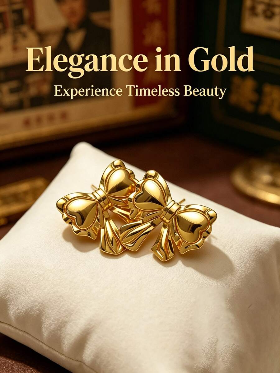 Pendientes de lazo chapados en oro de acero inoxidable - Pendientes florales hipoalergénicos sin níquel, pendientes geométricos texturizados gruesos y ligeros de oro, pendientes colgantes únicos y elegantes para vestidos de noche vintage, pendientes de oro para mujeres, joyería de moda delicada e hipoalergénica, regalo perfecto para mujeres - Multicolor - Ver 1