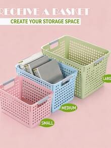1 pieza Cesta de almacenamiento de plástico de gran capacidad color macaron, caja organizadora multifuncional para snacks y juguetes de escritorio, material PP con asa integrada, caja de almacenamiento apilable y minimalista que ahorra espacio, adecuada para el hogar, la cocina, el baño, el dormitorio y la oficina - Multicolor - Ver 3