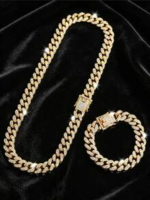 1pc 15mm Shiny Chunky Chain Design Rhinestone Inlaid Hip Hop Style Bracelet + Necklace Set, Suitable For Daily Outfit And Party Decoration - 13mm Dragon Beard Buckle - View 22