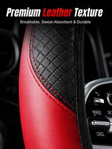 Car Steering Wheel Cover – Bold Color-Block PU Leather With Diamond Stitching, Sporty Two-Tone Design For Men & Women, Breathable Non-Slip Grip, Universal Fit All-Season Protective Steering Wheel,Interior Accessories - A - View 5