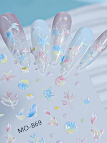 Pegatinas de arte de uñas soñadoras y coloridas del océano, con conchas, estrellas de mar y peces tropicales en 3D relieve - Multicolor - Ver 6