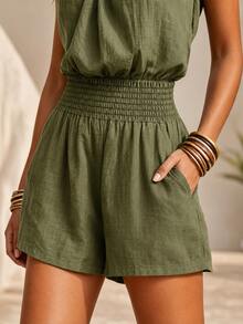 Mono de Mujer Color Caqui Estilo Boho con Cuello Halter, Sexy, Sin Mangas, Cintura Fruncida, Pierna Ancha, Tela Ligera Tipo Lino - Verde corto - Ver 7