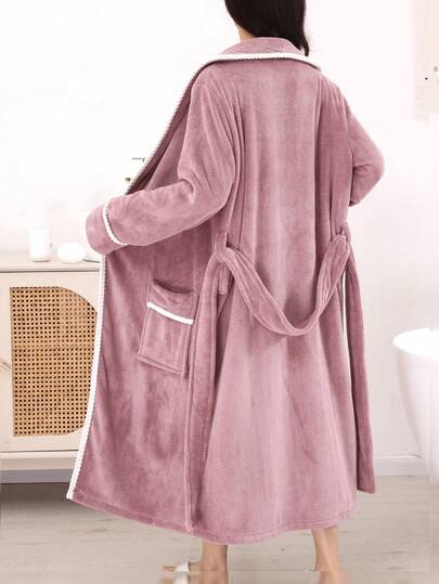 1 peça Roupão de banho feminino com acabamento contrastante em lã polar grossa, roupa de estar quente e fofa de corte largo, super macio e confortável, roupão longo de manhã, para quarto, uso casual diário no outono/inverno, universal para casa, hotel e casa de banho