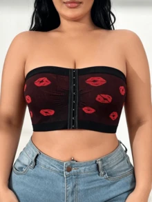 4pcs/Set Plus Size Fashionable Backless Strapless Bra For Women, Sexy Front Closure Lip Print Bandeau Bra - Multicolor - View 5