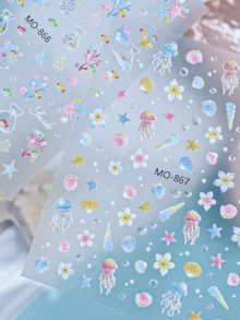 Pegatinas de arte de uñas soñadoras y coloridas del océano, con conchas, estrellas de mar y peces tropicales en 3D relieve - Multicolor - Ver 3