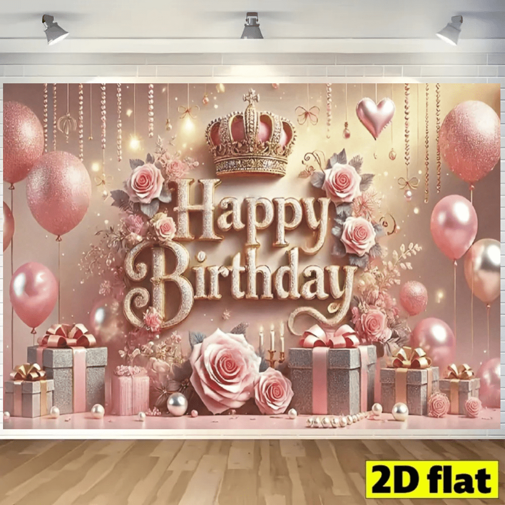 Banner phẳng 2D, 1 sản phẩm, Phông nền sinh nhật năm mới với bóng bay hoa hồng, vương miện ngọc trai, hộp quà, vải phông nền tiệc sinh nhật công chúa, trang trí bàn bánh, banner chụp ảnh chân dung, banner gian chụp ảnh, chất liệu sợi polyester.