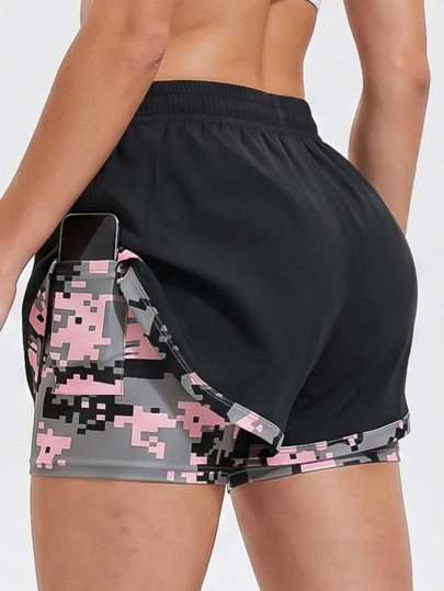KyrLssu Women's 2-In-1 Camouflage Print Drawstring Waist Shorts