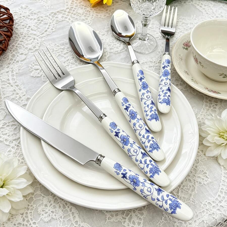 5/20 piezas Juego de cubiertos de acero inoxidable con mango de porcelana azul y blanca, incluye cuchillo de mesa, tenedor, cuchara, cucharilla, cuchara para niños, tenedor de fruta y tenedor pequeño, adecuado para uso diario, hoteles y restaurantes