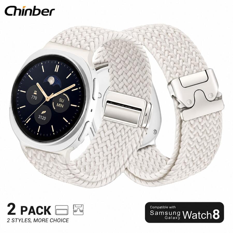 2条装精纺弹力编织表带,带磁扣,兼容三星Galaxy Watch 8 40mm/44mm/Galaxy Watch 8 Classic 46mm,弹性尼龙运动腕带,适用于Galaxy Watch 8/Classic 46mm 2025男女款,馈赠亲友佳品 - 2 Packs Set - 查看 1
