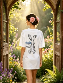 Women's Summer Casual Soft Round Neck Short Sleeve T-Shirt,The Rabbit Skeleton X-Ray Print Graphic Suitable For Spring And Summer Outfits.White - White - View 2