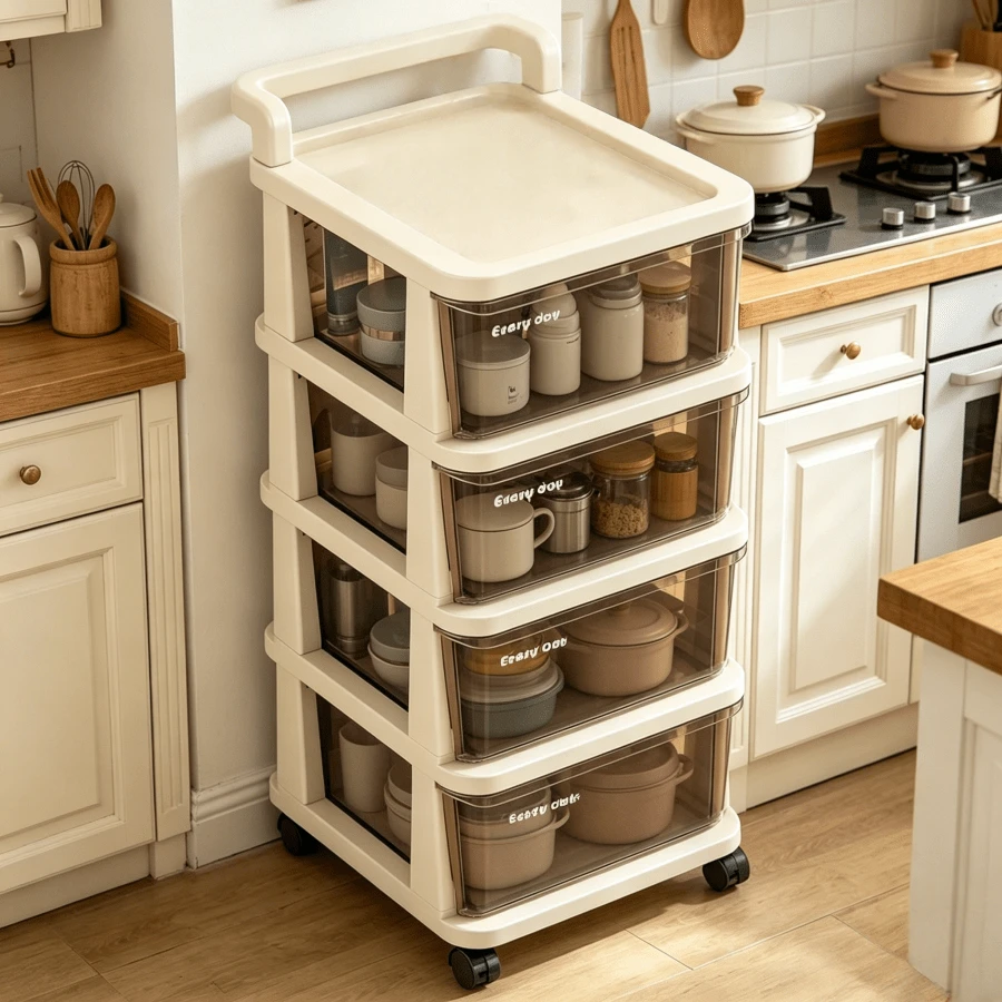 Kitchen Rolling Storage Cart With Slide‑Out Drawers & Top Handle, 3/4/5 Tier Large Capacity Drawer Storage Organizer, Mobile Utility Cabinet With Transparent Drawers & Lockable Wheels, Space‑Saving Multi‑Purpose Pantry Organizer, Classified Layered Storage Unit For Small Spaces, Ideal For Kitchen, Bedroom, Living Room, Bathroom & Rental Apartments - 彩色 - 查看 1