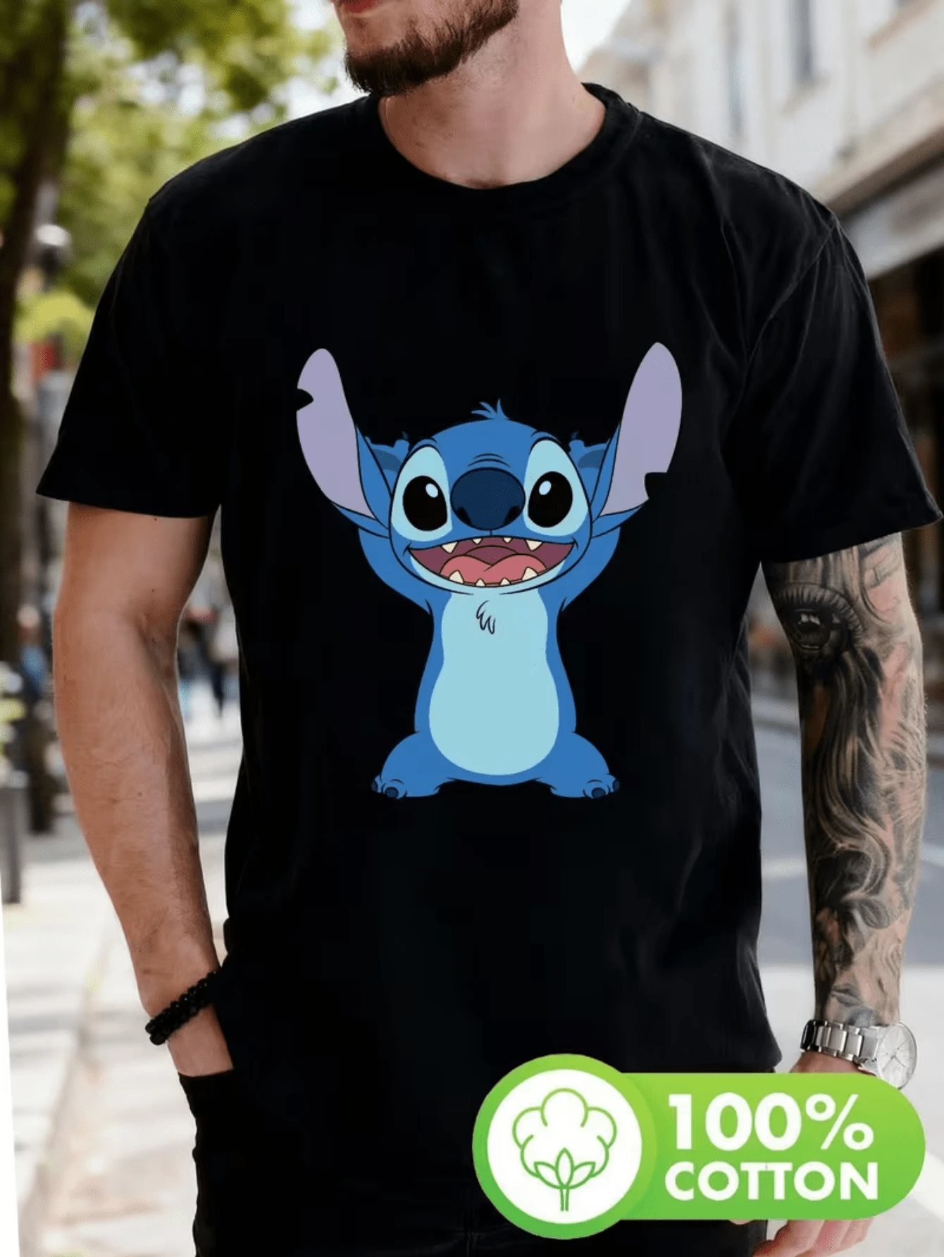 (Disney T Shirts)Disney Lilo & Stitch Stitch Happy Raised Hands Graphic T-Shirt, Men's 100% Cotton Crew Neck Short Sleeve Tee, Casual Loose Fit, Cute Full Body Cartoon Front Print T-Shirt For Men, Mens Clothes, Men, Ropa De Hombre, Summer Clothes, Men Shirts, Graphic Tees, Disney Outfits Men, Graphic Tees, Camisetas Para Hombre, Camisas Para Hombre, Summer Outfits For Men, Father's Day Gift, Perfect Gift For Family And Friends, Which Are Necessary For Birthday Parties, Disney Shirts, Mens Clothes, Summer Clothes, Officially Licensed Disney T-Shirts, Disney Men's And Women's Spring/Summer Fashion Casual Short-Sleeve T-Shirts - Black - View 1