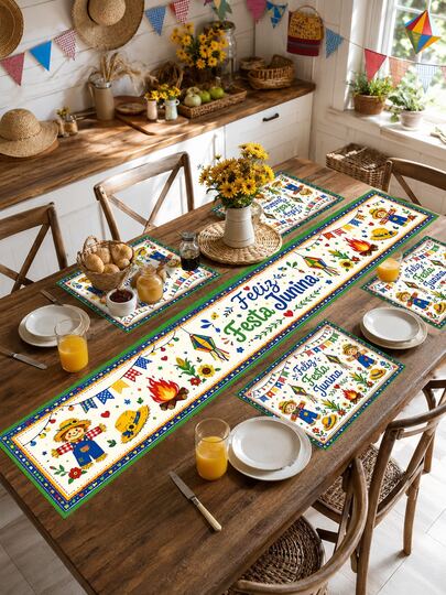 1pc "Feliz Festa Junina" Table Runner & Placemat Set - Colorful Scarecrow & Kite Print With Green Border, Perfect For Home Decor, Room Decor, Kitchen Accessories, Garden, Garden Stuff, Rustic Farmhouse Brazilian June Festival Party, Caipira Celebration, Farm Party, Outdoor BBQ & Country Wedding, Includes 1 Runner + 4 Placemats, Multiple Sizes Available