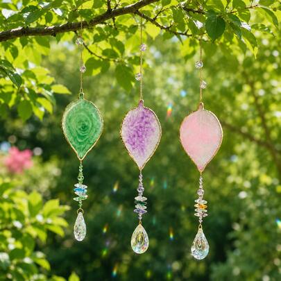 1pc Creative Resin Leaf Crystal Sun Hanging Decor, Colorful Beaded Glass Ball Prism Pendant, Beautiful Window Home Garden Decoration, Artistic Leaf Sculpture Wall Hanging