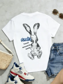 Women's Summer Casual Soft Round Neck Short Sleeve T-Shirt,The Rabbit Skeleton X-Ray Print Graphic Suitable For Spring And Summer Outfits.White - White - View 5